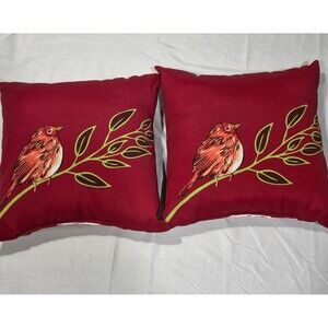 2) Garden Treasure Floral Square Finch Bird Throw Pillow Red